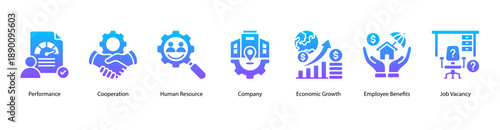 Workplace Essentials web banner icon vector illustration featuring Performance, Cooperation, Human Resource, Company, Economic Growth, Employee Benefits, and Job Vacancy.
