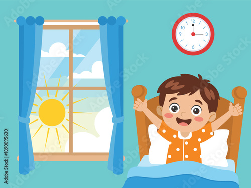 Happy boy waking up in the morning, cheerful child stretching in bed, sunny day through window, bright bedroom cartoon illustration