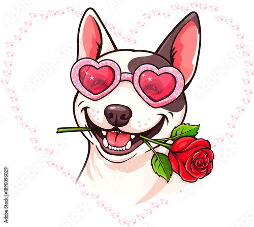 Happy bull terrier holding a rose in its mouth and wearing heart-shaped sunglasses. 