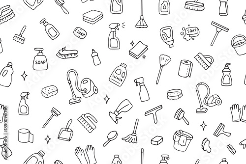 Vector illustration of a seamless pattern featuring hand-drawn cleaning tools and supplies. Includes soap, brushes, spray bottles, and a vacuum, ideal for hygiene and cleaning themes.