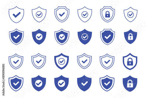 Security shield icon set. Shield check mark symbols. Protection and padlock logotypes. Vector illustration.