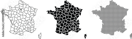 France Map Vector Outline Silhouette and Grey Fill Set