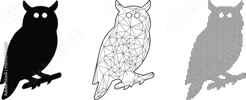 Owl Vector Set: Black Silhouette, Geometric Outline, and Gray Shadow