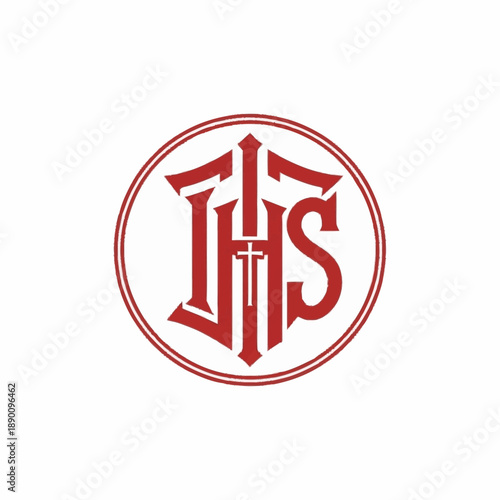 IHS Christogram religious symbol in a red circle.