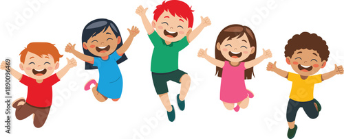 Happy diverse children jumping together cartoon illustration celebrating friendship joy teamwork childhood fun education and positive emotions isolated