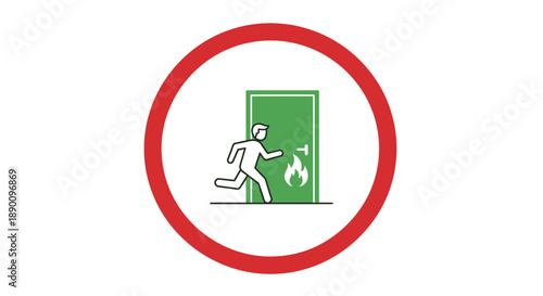 Man running towards a green emergency exit door with fire symbol inside a red circle