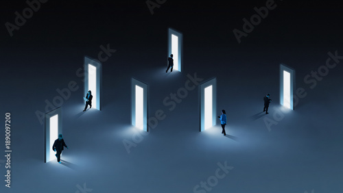 Photography Mysterious artwork business people choosing illuminated doors in dark space