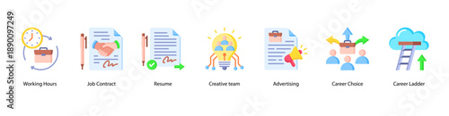 Career Agreements web banner icon vector illustration featuring Working Hours, Job Contract, Resume, Creative Team, Advertising, Career Choice, and Career Ladder.