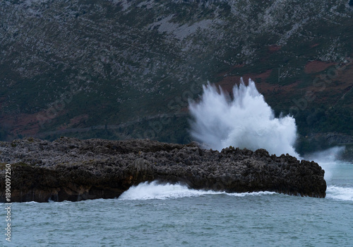 Bufones de Islares, storm and high waves in the Cantabrian Sea in Islares, in the municipality of Castro Urdiales. Cantabria, Spain, Europe