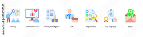 Workplace Training and Rewards web banner icon vector illustration featuring Training, Online Interview, Employment Agency, Staff, Requirements, Best Employee, and Salary.