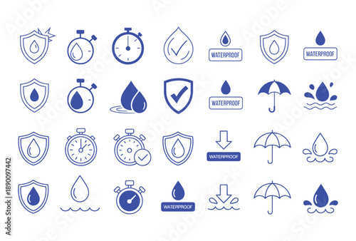 Waterproof icon set. Containing water resistant, water protection, hydrophobic fabric and more. Vector illustration.