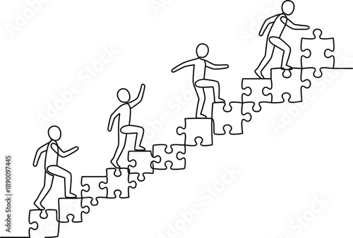 Abstract line art illustration of people climbing puzzle piece stairs symbolizing teamwork, business growth, problem solving, career progress, leadership development, strategy, success,