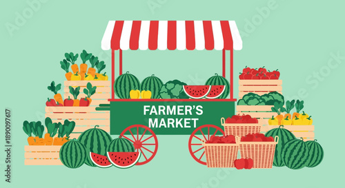 Colorful farmer's market cart with fresh fruits and vegetables.