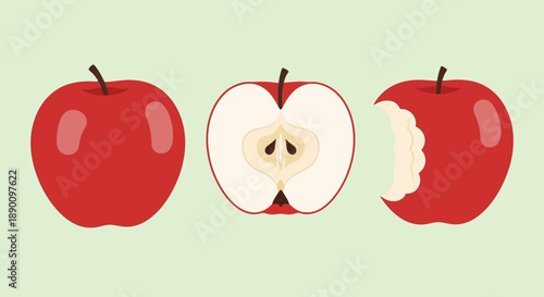 Three red apples in different stages of being eaten.