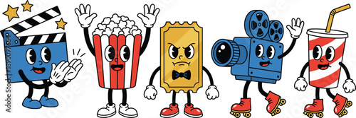 Cute cartoon cinema characters set including popcorn, movie ticket, film camera, clapperboard and soda cup, fun illustration for entertainment, cinema, animation and kids design