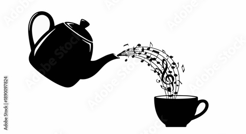 Musical notes pouring from a teapot into a teacup, symbolizing the infusion of music into daily life.