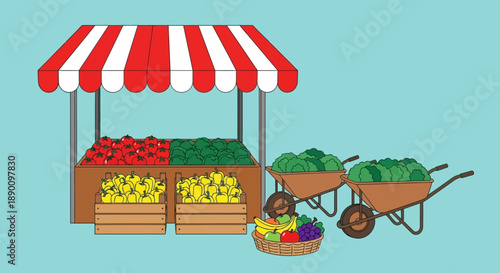Colorful fruit and vegetable market stall with striped awning.