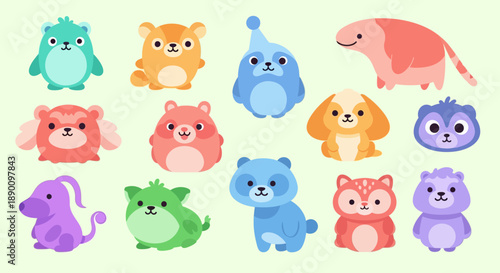 Collection of colorful cartoon animal characters in various poses.