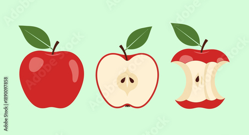 Three stages of an apple, whole, sliced, and bitten.
