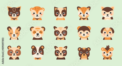 Collection of cartoon animal faces with various expressions.