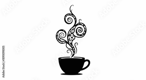 Steaming cup of coffee with artistic swirls of aroma rising