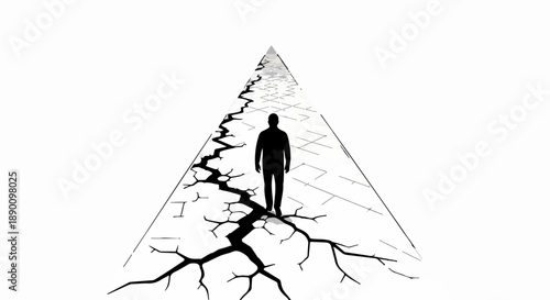 Lone figure walks towards a distant, fractured light at the end of a crumbling pyramid path.