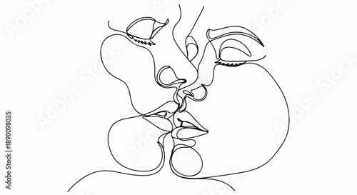 Intimate moment captured in a single continuous line drawing of a passionate kiss