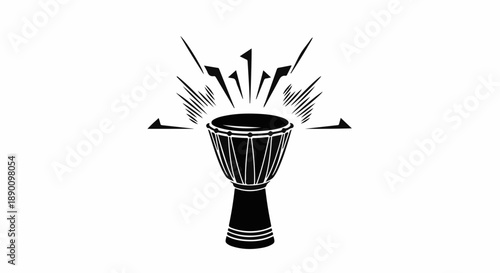 Vibrant djembe drum illustration with radiating sound waves, symbolizing rhythm and music.
