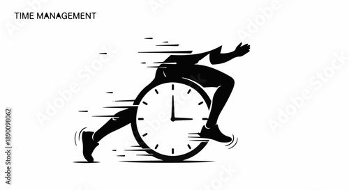 Dynamic silhouette of a person running with a clock integrated into their body, symbolizing speed and time management.