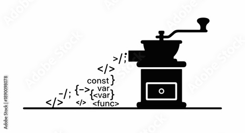 Coding concepts being processed and generated by a coffee grinder illustration