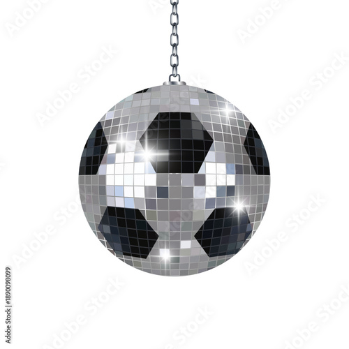 Shiny disco mirror ball shaped like a soccer ball, hanging on chain on a white background. Metallic mirror disco ball. Close up. Silver Disco ball for disco, party. Party, sport, nightlife concept