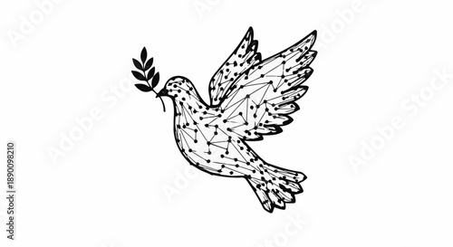 Symbol of peace, a dove carrying an olive branch, depicted with a modern geometric design