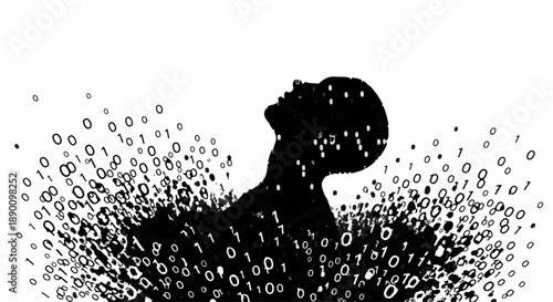 Silhouette of a person dissolving into a cloud of digital data and binary code.