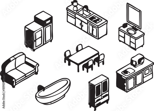 Isometric furniture vector illustration: kitchen, bathroom, living room & dining room set eps silhouette