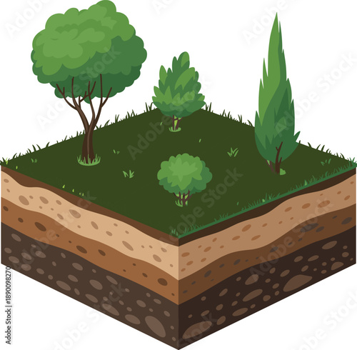 Isometric forest landscape, 3D nature terrain, soil layers cross-section, green trees and bushes, environmental illustration, ecology concept, natural outdoor scene