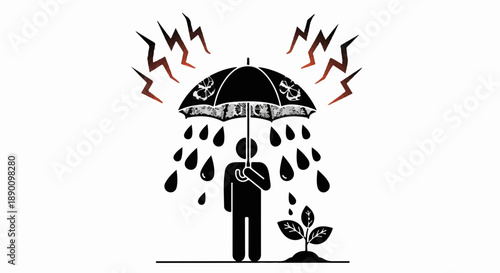 Person holding umbrella protecting small plant from harsh rain and lightning