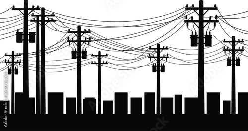 Urban power line silhouettes with utility poles and cables forming modern city skyline infrastructure concept for electricity distribution and energy network design
