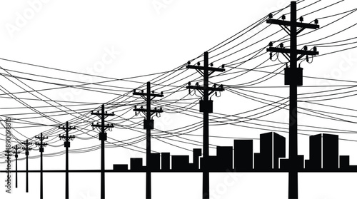 Urban power lines and utility poles silhouette with dense overhead cables against city skyline, modern infrastructure electricity distribution network concept illustration vector design