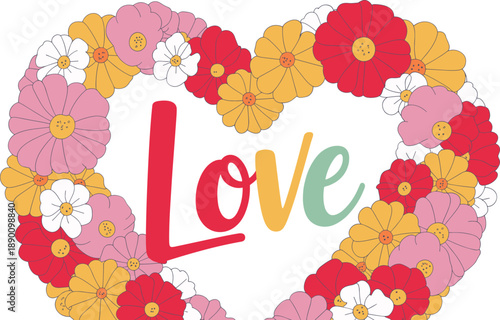 Love text with heart shaped floral wreath, colorful flower illustration, romantic greeting card design, Valentine wedding background