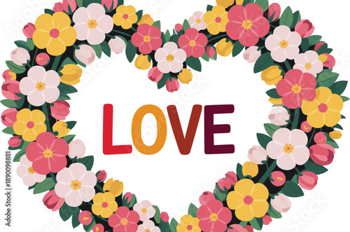 Love text with heart shaped floral wreath, colorful flower illustration, romantic greeting card design, Valentine wedding background