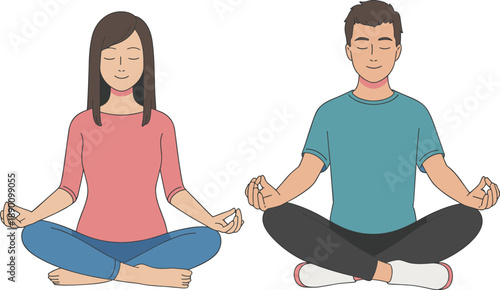 Man and woman meditating illustration, yoga lotus pose characters, mindfulness relaxation concept, mental health wellness, flat design isolated on white background
