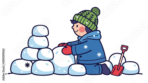 Cute Child Building Snow Fort or Igloo Illustration for Winter Fun and Play