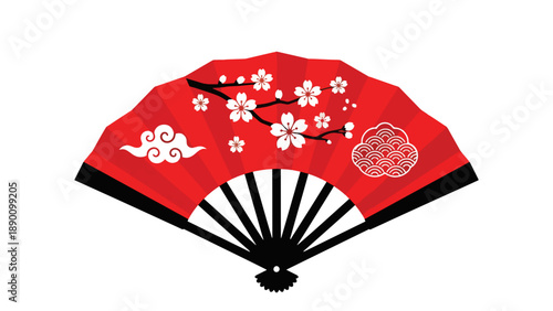 Traditional Japanese Folding Fan with Sakura Pattern Vector
