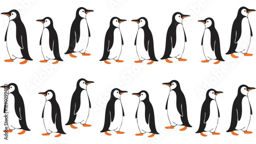 Cute Cartoon Penguin Family and Pairs Pattern on White Background for Antarctic Theme