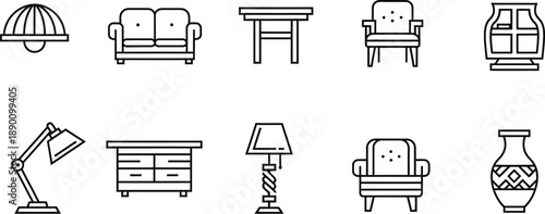 A collection of minimalist line icons depicting various furniture items, including a sofa, armchair, table, lamp, and vase, against a clean white background with a simple and modern