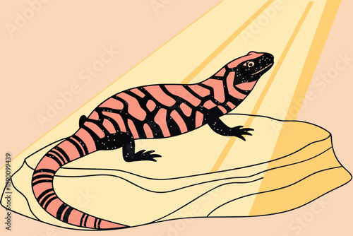 Gila Monster basking on a warm stone surface in the desert with stylized sun rays.