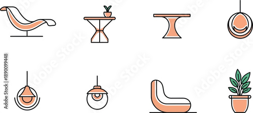A set of modern furniture icons in orange and white hues on a clean white background with minimalist design.