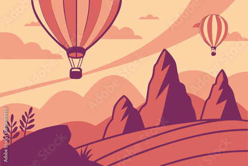 Hot air balloons ascend over a stylized mountainous landscape under a soft, warm sky.