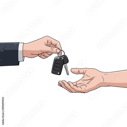 Hand passing car keys to another hand, symbolizing transfer of ownership and business transactions