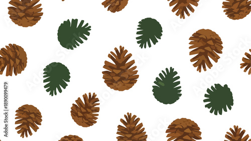 Seamless Pattern with Rustic Brown Pine Cones and Green Pine Needles on White Background
